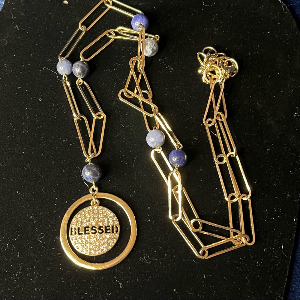 ‘Blessed’ Gold Tone Paper Clip Statement Necklace with Blue Beading - Picture 6 of 7
